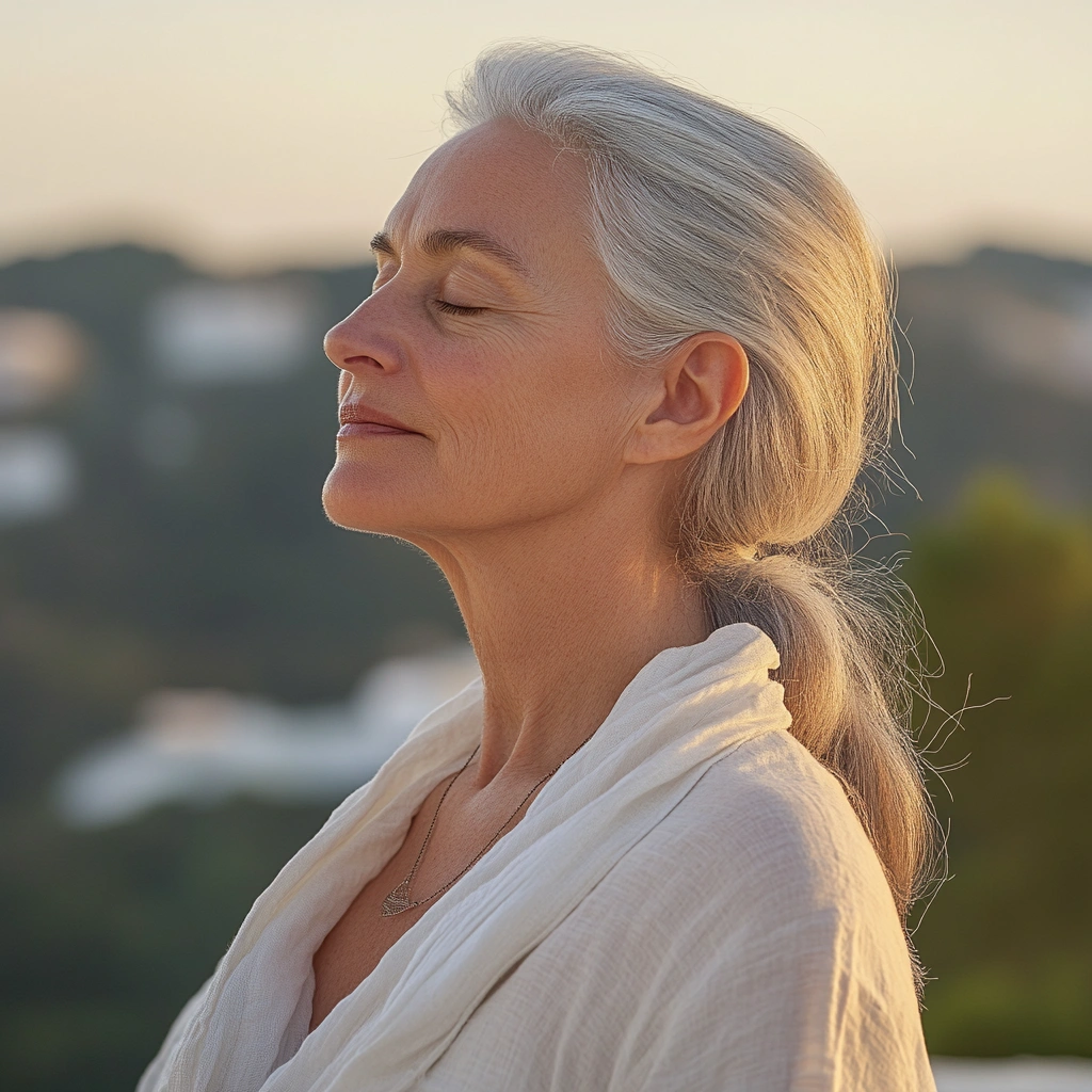 Літня жінка в позі йоги на природі, відчуває гармонію та спокій