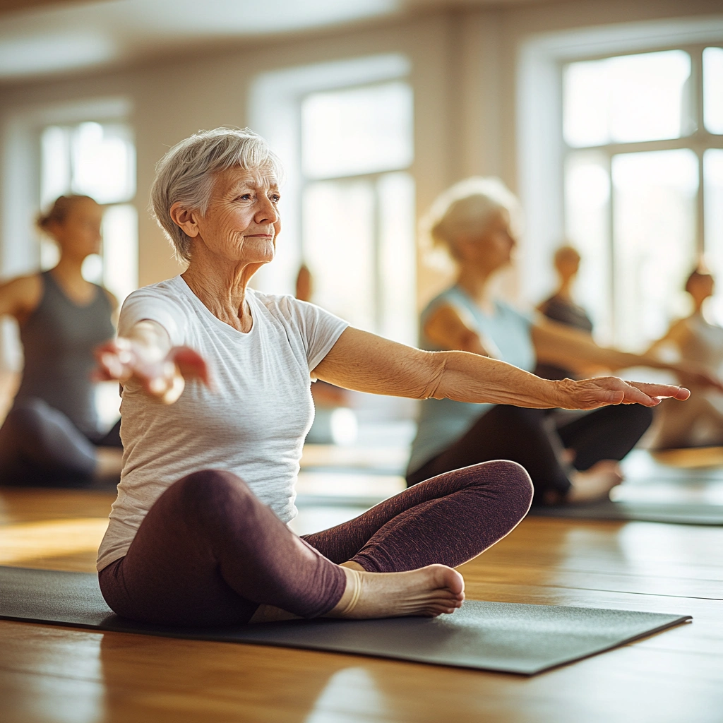 Літні люди виконують групові вправи на гнучкість