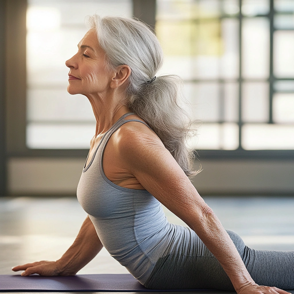 Літня жінка демонструє покращену гнучкість спини
